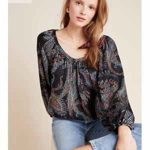 MAEVE Anthropologie Black Paisley Madeira Satin Blouse